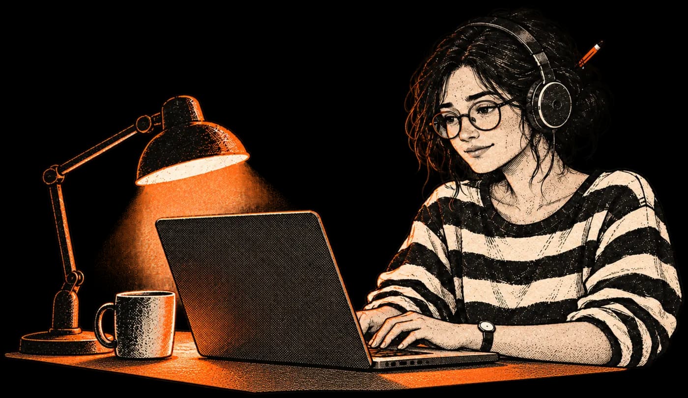 Working under a desk lamp, headphones on.