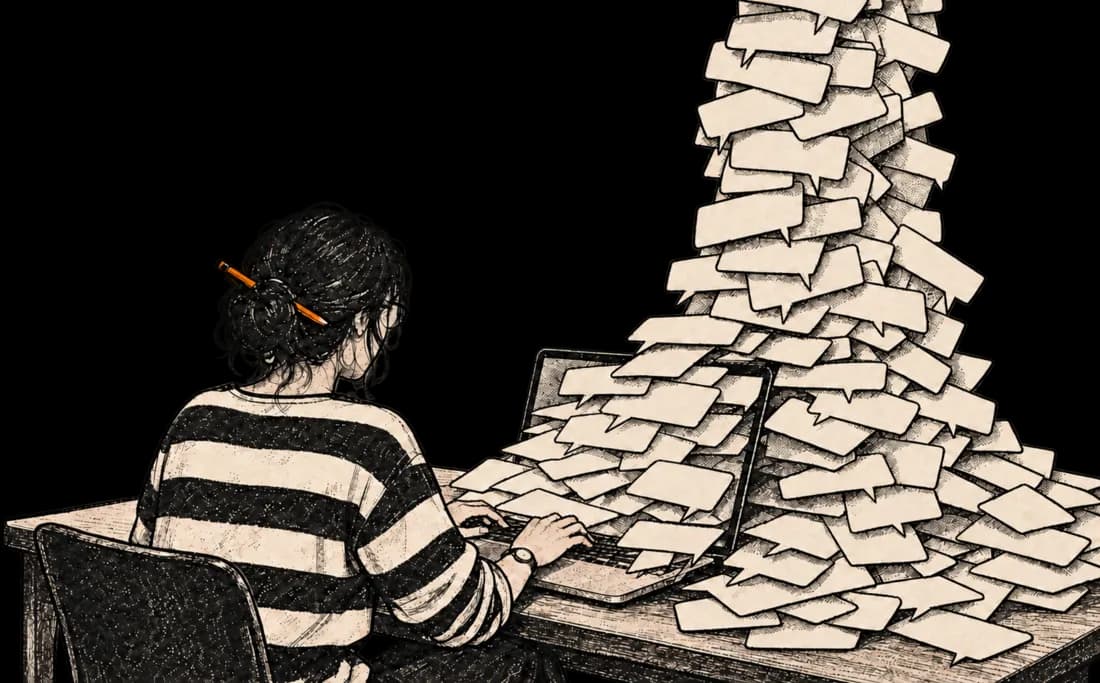A tower of messages rises from a laptop.