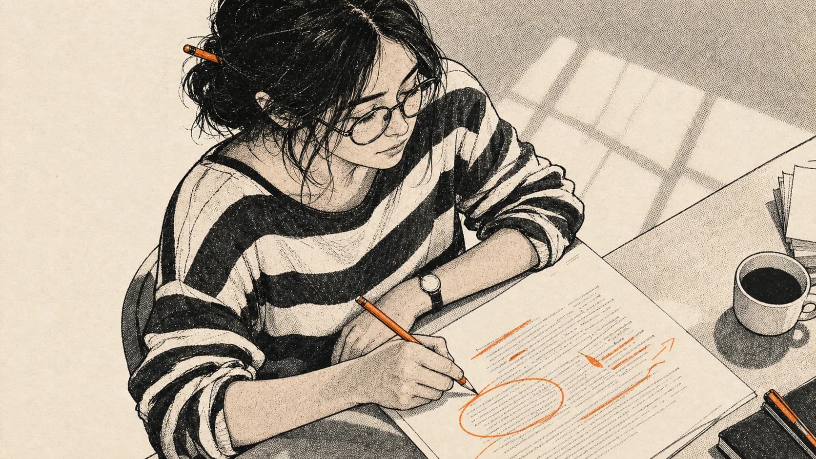 Working through a draft, with revisions marked in orange.